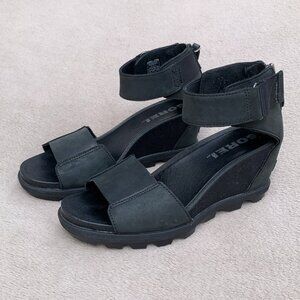 Sorel Joanie II Black Ankle Strap Open Toe Wedge Sandals Sz8